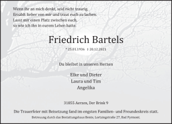Traueranzeige von Friedrich Bartels von Deister- und Weserzeitung