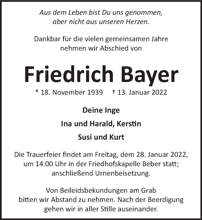  Traueranzeige für Friedrich Bayer vom 22.01.2022 aus Neue Deister-Zeitung