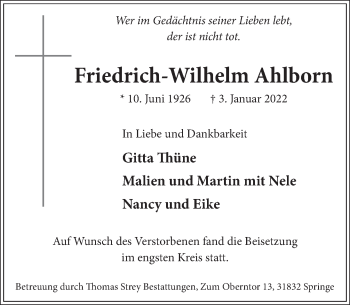 Traueranzeige von Friedrich-Wilhelm Ahlborn von Neue Deister-Zeitung