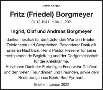 Traueranzeige von Fritz Borgmeyer von Deister- und Weserzeitung