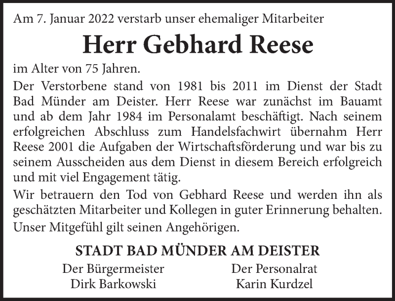  Traueranzeige für Gebhard Reese vom 15.01.2022 aus Neue Deister-Zeitung