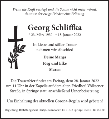 Traueranzeige von Georg Schliffka von Neue Deister-Zeitung
