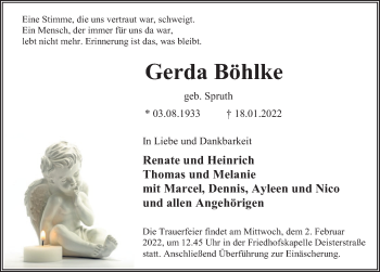 Traueranzeige von Gerda Böhlke von Deister- und Weserzeitung