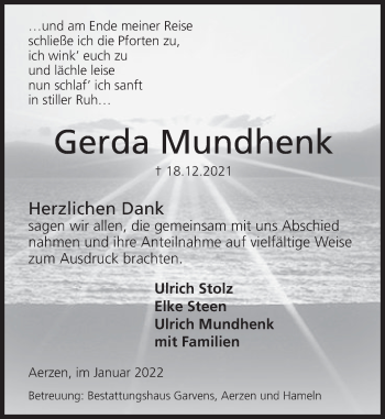 Traueranzeige von Gerda Mundhenk von Deister- und Weserzeitung