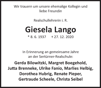 Traueranzeige von Giesela Lango von Deister- und Weserzeitung