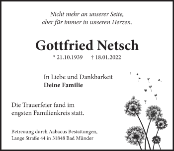Traueranzeige von Gottfried Netsch von Neue Deister-Zeitung