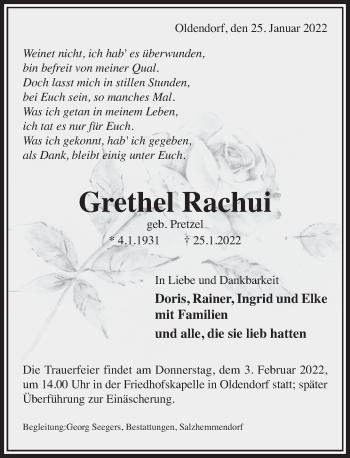 Traueranzeige von Grethel Rachui von Deister- und Weserzeitung