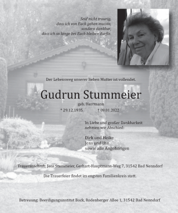Traueranzeige von Gudrun Stummeier von Neue Deister-Zeitung