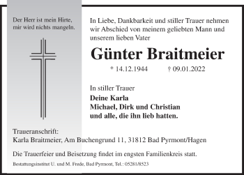 Traueranzeige von Günter Braitmeier von Deister- und Weserzeitung