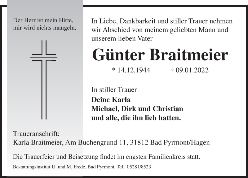  Traueranzeige für Günter Braitmeier vom 15.01.2022 aus Deister- und Weserzeitung