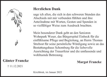 Traueranzeige von Günter Francke von Deister- und Weserzeitung
