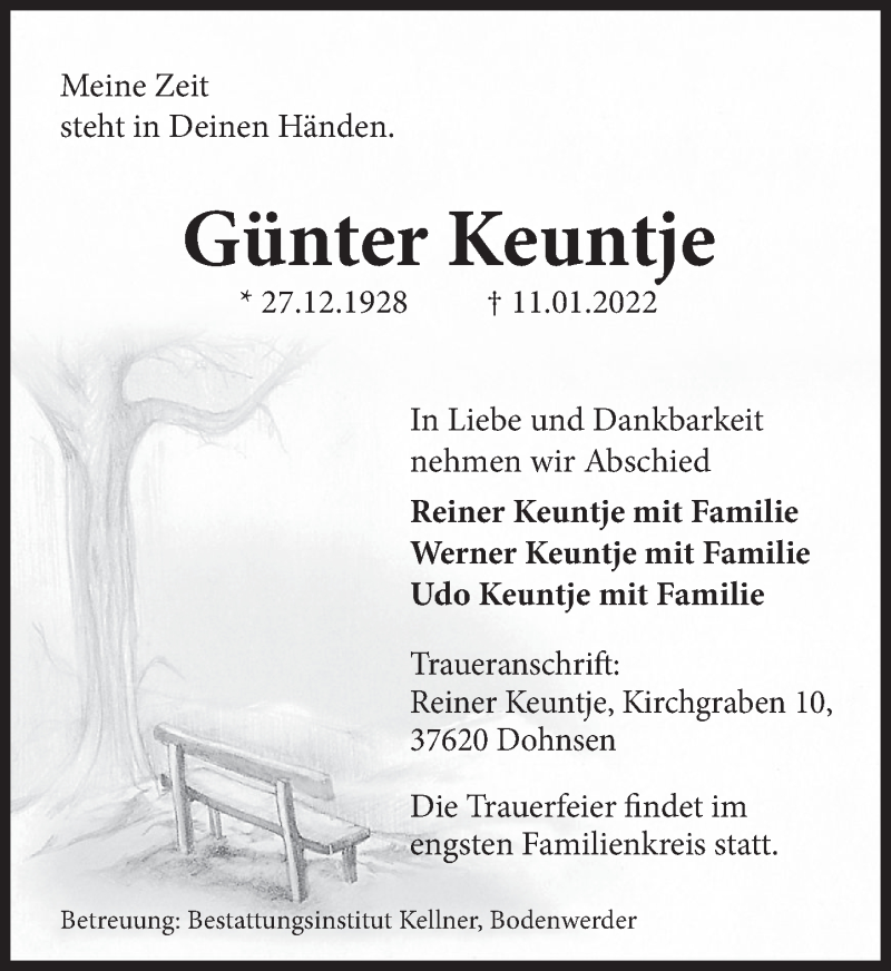  Traueranzeige für Günter Keuntje vom 15.01.2022 aus Deister- und Weserzeitung