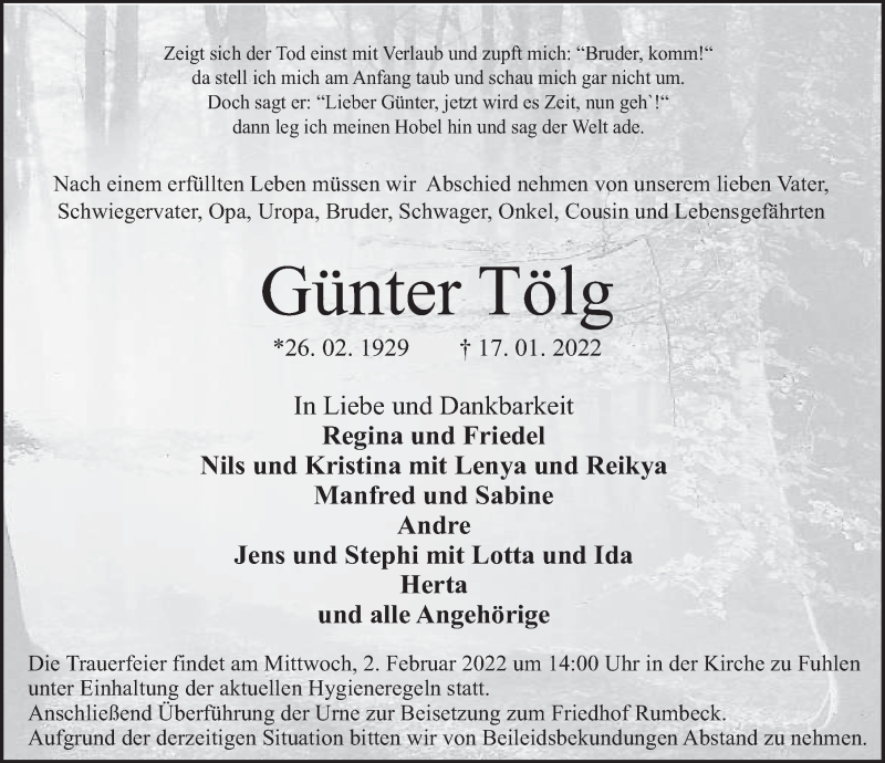  Traueranzeige für Günter Tölg vom 29.01.2022 aus Deister- und Weserzeitung