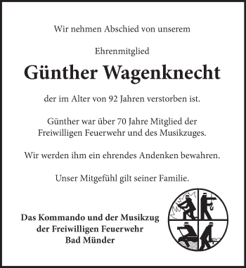 Traueranzeige von Günther Wagenknecht von Neue Deister-Zeitung