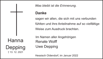 Traueranzeige von Hanna Depping von Deister- und Weserzeitung