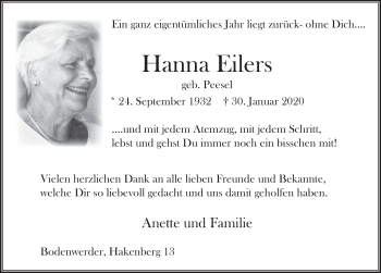 Traueranzeige von Hanna Eilers von Deister- und Weserzeitung