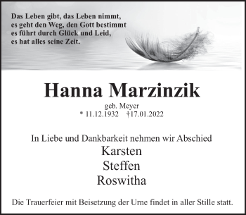 Traueranzeige von Hanna Marzinzik von Deister- und Weserzeitung