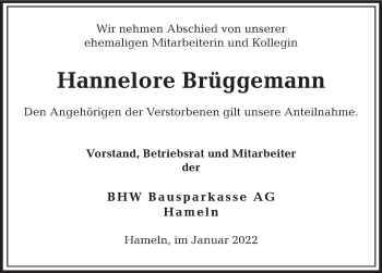 Traueranzeige von Hannelore Brüggemann von Deister- und Weserzeitung