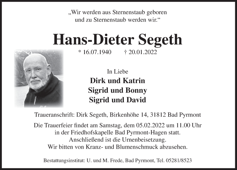  Traueranzeige für Hans-Dieter Segeth vom 29.01.2022 aus Deister- und Weserzeitung