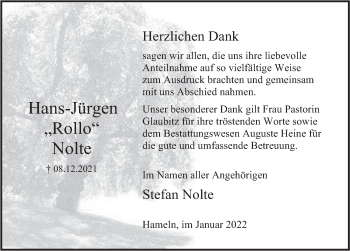 Traueranzeige von Hans-Jürgen Nolte von Deister- und Weserzeitung