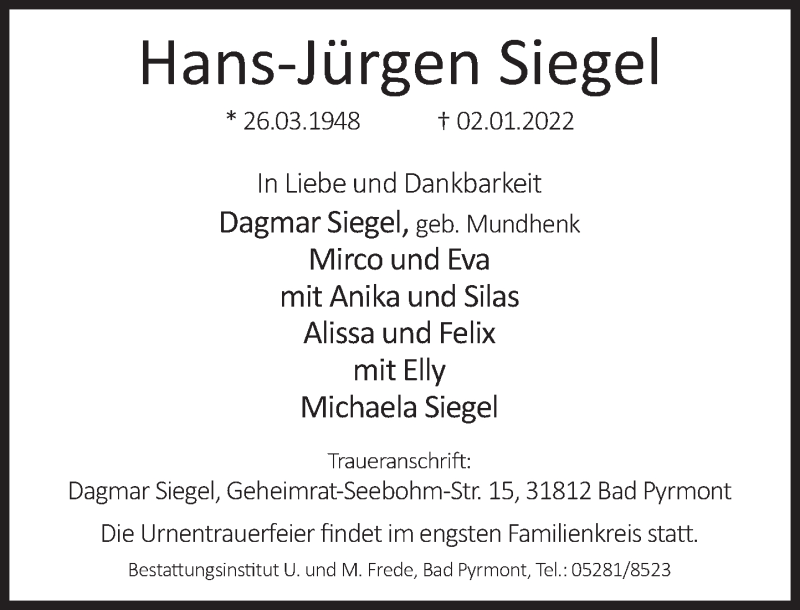  Traueranzeige für Hans-Jürgen Siegel vom 08.01.2022 aus Deister- und Weserzeitung