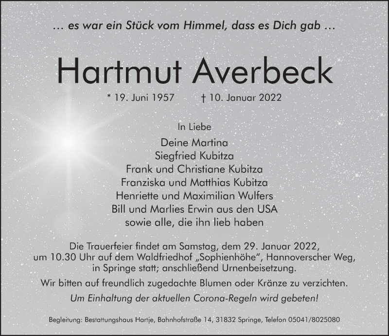  Traueranzeige für Hartmut Averbeck vom 15.01.2022 aus Neue Deister-Zeitung