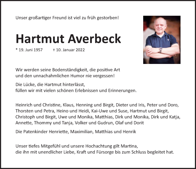  Traueranzeige für Hartmut Averbeck vom 15.01.2022 aus Neue Deister-Zeitung