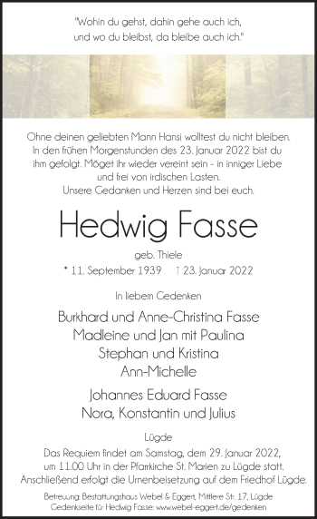 Traueranzeige von Hedwig Fasse von Deister- und Weserzeitung