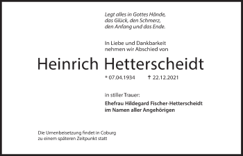 Traueranzeige von Heinrich Hetterscheidt von Deister- und Weserzeitung