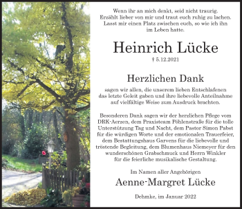 Traueranzeige von Heinrich Lücke von Deister- und Weserzeitung