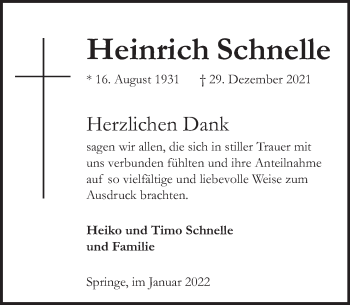 Traueranzeige von Heinrich Schnelle von Neue Deister-Zeitung