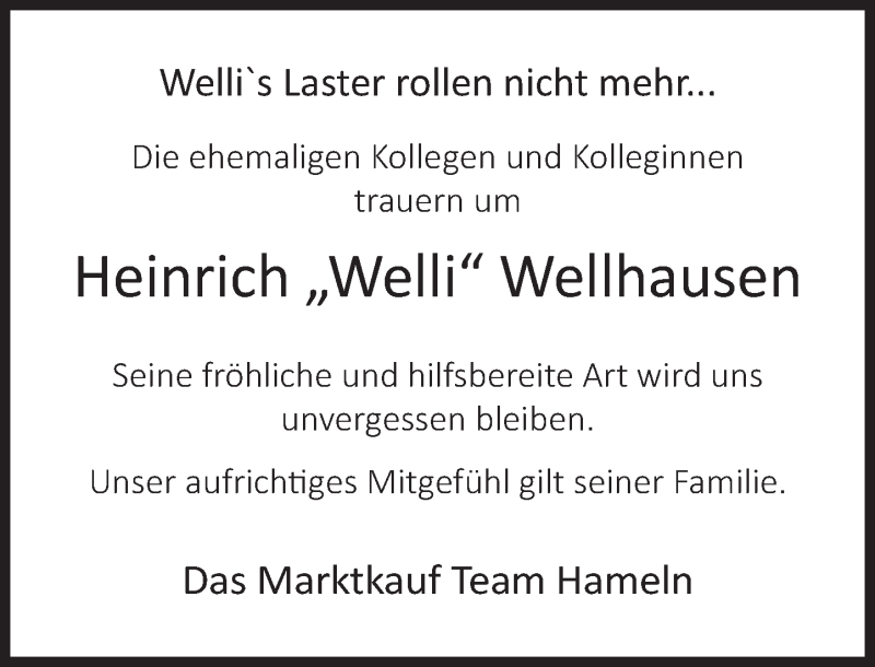  Traueranzeige für Heinrich  Wellhausen vom 08.01.2022 aus Deister- und Weserzeitung