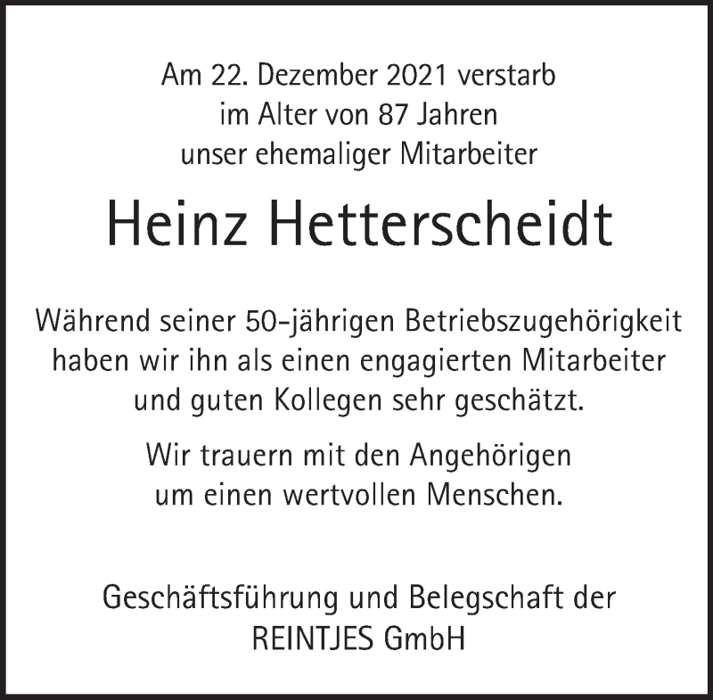  Traueranzeige für Heinz Hetterscheidt vom 15.01.2022 aus Deister- und Weserzeitung