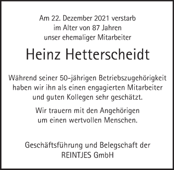 Traueranzeige von Heinz Hetterscheidt von Deister- und Weserzeitung