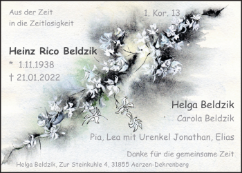 Traueranzeige von Heinz Rico Beldzik von Deister- und Weserzeitung