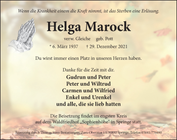 Traueranzeige von Helga Marock von Neue Deister-Zeitung