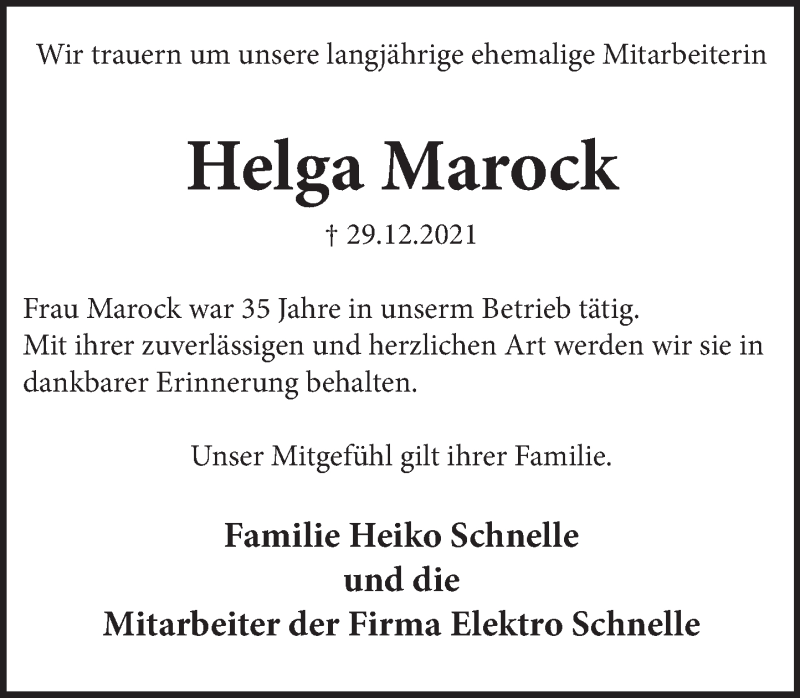  Traueranzeige für Helga Marock vom 15.01.2022 aus Neue Deister-Zeitung