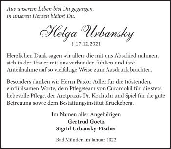 Traueranzeige von Helga Urbansky von Neue Deister-Zeitung