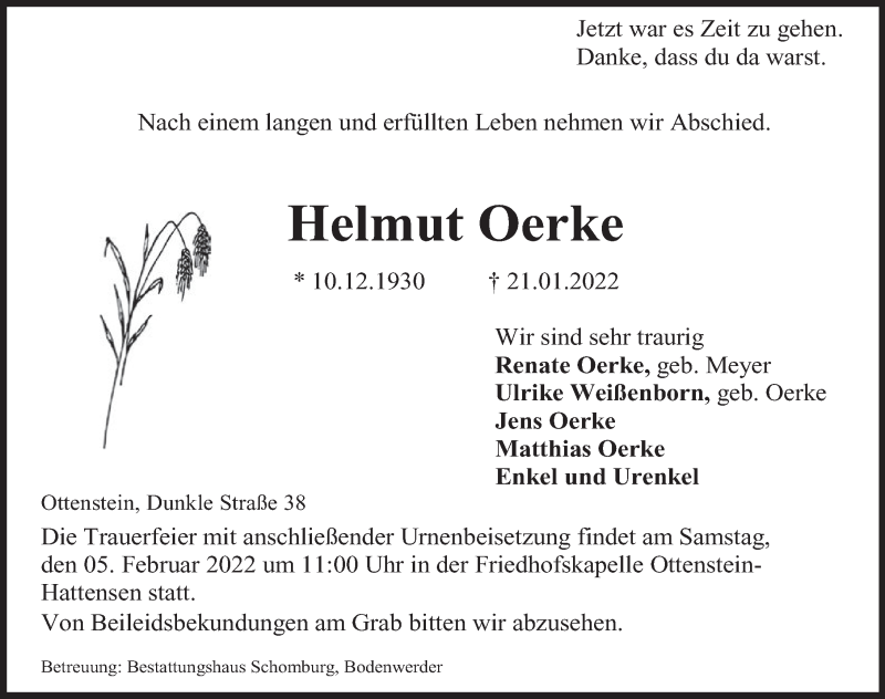  Traueranzeige für Helmut Oerke vom 28.01.2022 aus Deister- und Weserzeitung