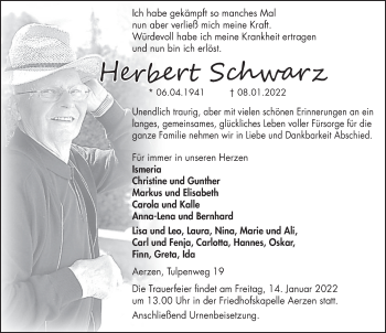 Traueranzeige von Herbert Schwarz von Deister- und Weserzeitung