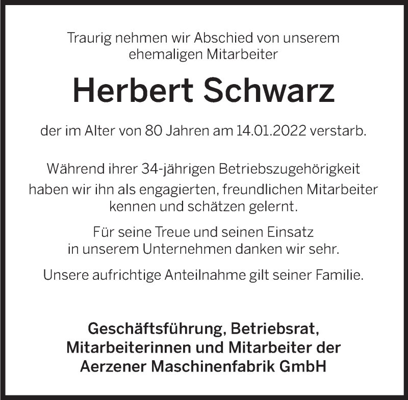  Traueranzeige für Herbert Schwarz vom 01.02.2022 aus Deister- und Weserzeitung
