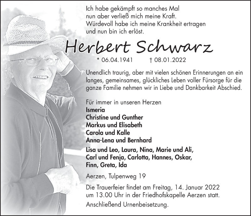  Traueranzeige für Herbert Schwarz vom 11.01.2022 aus Deister- und Weserzeitung