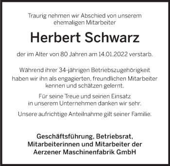Traueranzeige von Herbert Schwarz von Deister- und Weserzeitung