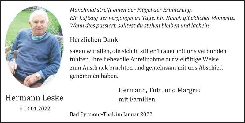  Traueranzeige für Hermann Leske vom 29.01.2022 aus Deister- und Weserzeitung