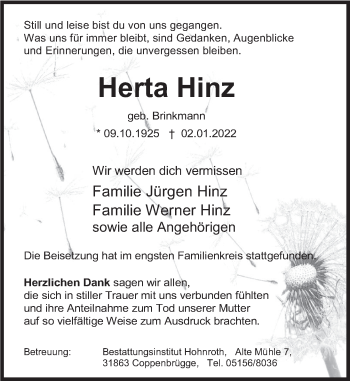 Traueranzeige von Herta Hinz von Deister- und Weserzeitung