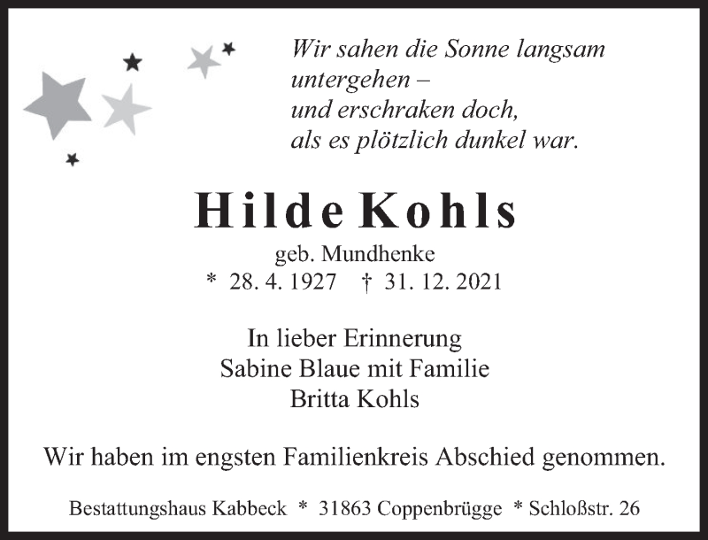  Traueranzeige für Hilde Kohls vom 08.01.2022 aus Deister- und Weserzeitung