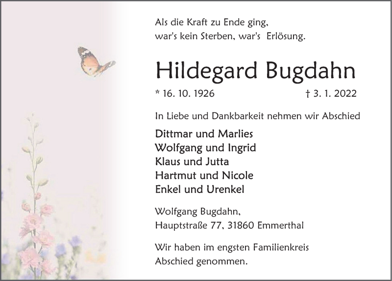  Traueranzeige für Hildegard Bugdahn vom 15.01.2022 aus Deister- und Weserzeitung
