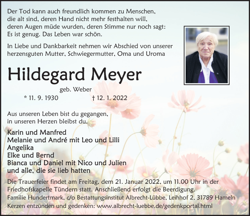  Traueranzeige für Hildegard Meyer vom 15.01.2022 aus Deister- und Weserzeitung