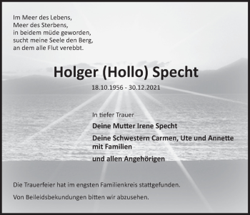 Traueranzeige von Holger Specht von Deister- und Weserzeitung