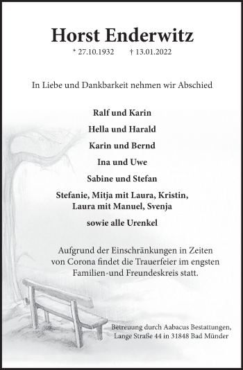 Traueranzeige von Horst Enderwitz von Neue Deister-Zeitung